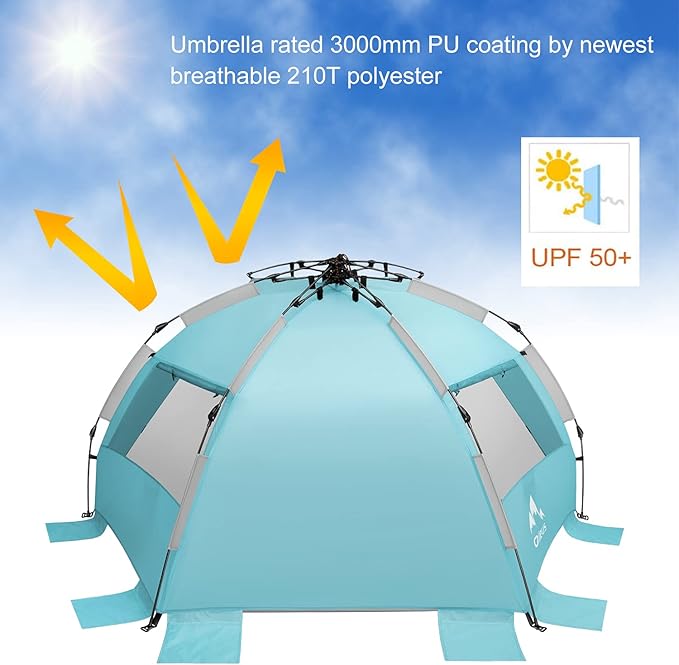 Oileus X-Large 4 Person Beach Tent Sun Shelter - Portable Sun Shade Instant Tent for Beach with Carrying Bag, Stakes, 6 Sand Pockets, Anti UV for Fishing Hiking Camping, Waterproof Windproof, Sky Blue