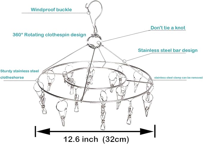 CenYouful 2 Pack Stainless Steel Round Hanging Drying Rack with 20 Clips for Drying Socks, Baby Clothes, Bras, Towel, Underwear, Hat, Scarf, Pants, Gloves