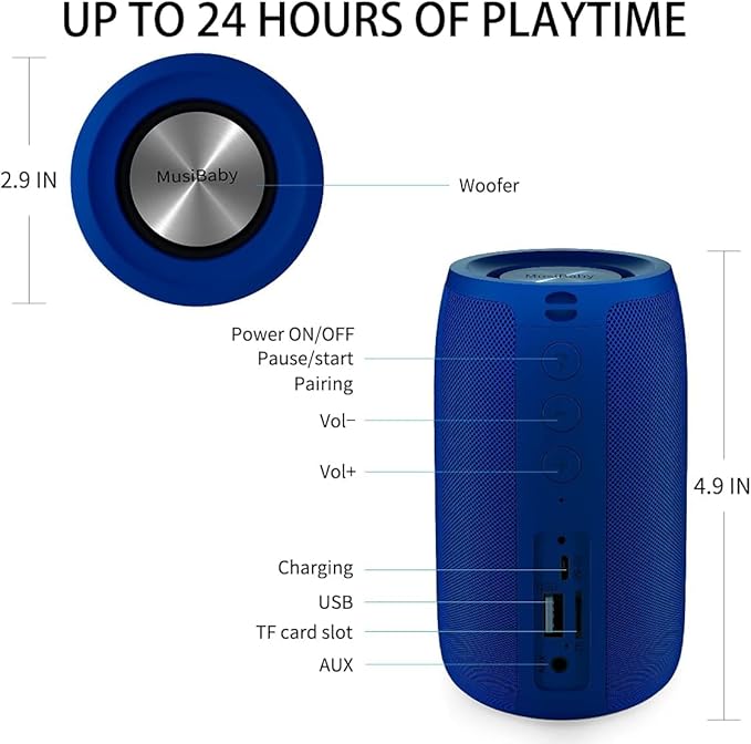 Bluetooth Speaker,MusiBaby Wireless,Waterproof,Outdoor,Portable Speaker,Dual Pairing,Loud Stereo,Booming Bass,24H Playtime Wireless Speakers for Home,iPhone,Party,Gifts(Blue)