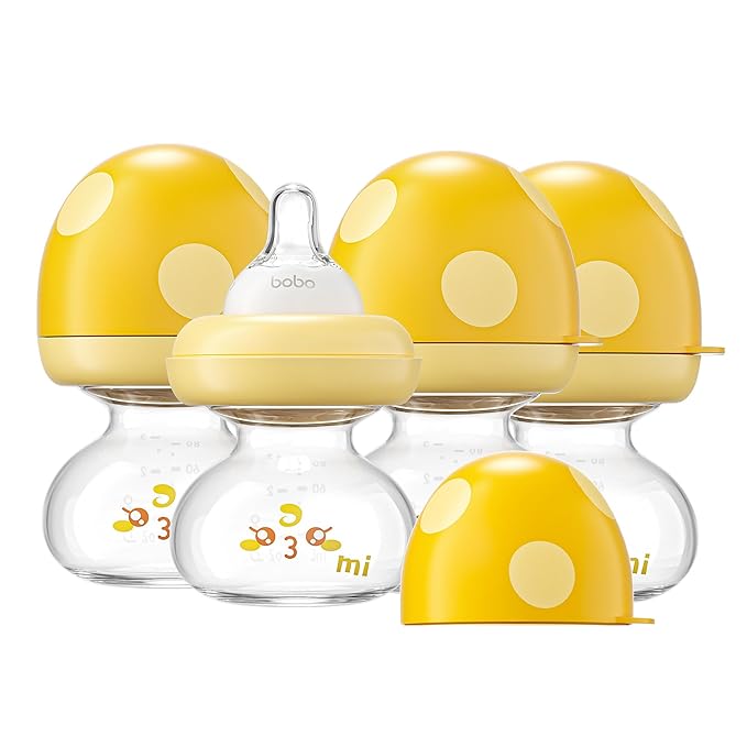 YOHKOH Newborn Glass Baby Bottles with Slow Flow Nipple for 0+ Months, Wide Neck Feeding Bottle, 2.7oz/80ml (Yellow, 2.7oz (Pack of 4))