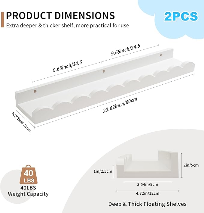 Nursery Book Shelves, Scalloped Floating Shelves 24inch Set of 2 Solid Pine Wood Wall Mounted Bookshelf with Wave Lip for Bedroom Kids, Toddler Room, Baby Room