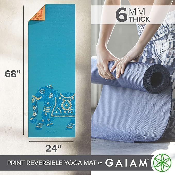 Gaiam Yoga Mat - Premium 6mm Print Reversible Extra Thick Non Slip Exercise & Fitness Mat for All Types of Yoga, Pilates & Floor Workouts (68" x 24" x 6mm Thick)