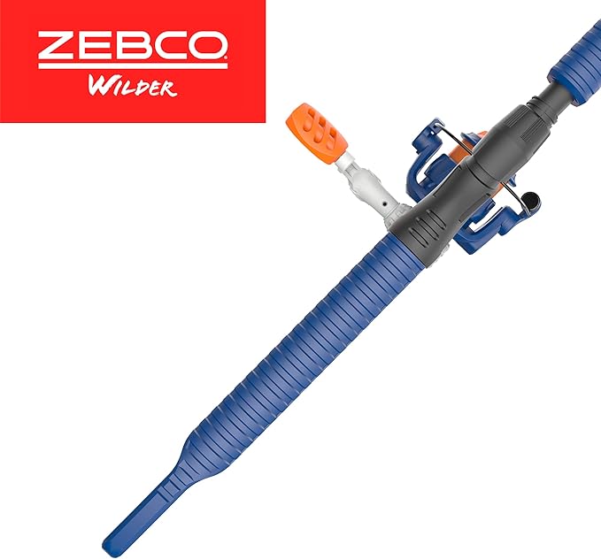 Zebco Wilder Fishing Reel and Rod Combo, 4'3" Durable Fiberglass Rod with Built-In Carabiner, Patented No-Tangle Reel, Pre-Spooled with 6-Pound Zebco Cajun Fishing Line, Blue/Orange