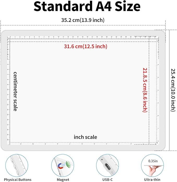 Phylosal Rechargeable A4 LED Light Pad for Diamond Painting, Ultra-Thin Magnetic Tracing Light Box for Drawing, Diamond Art Light Board with Side Button, Super Bright Light Table for Sketching (White)