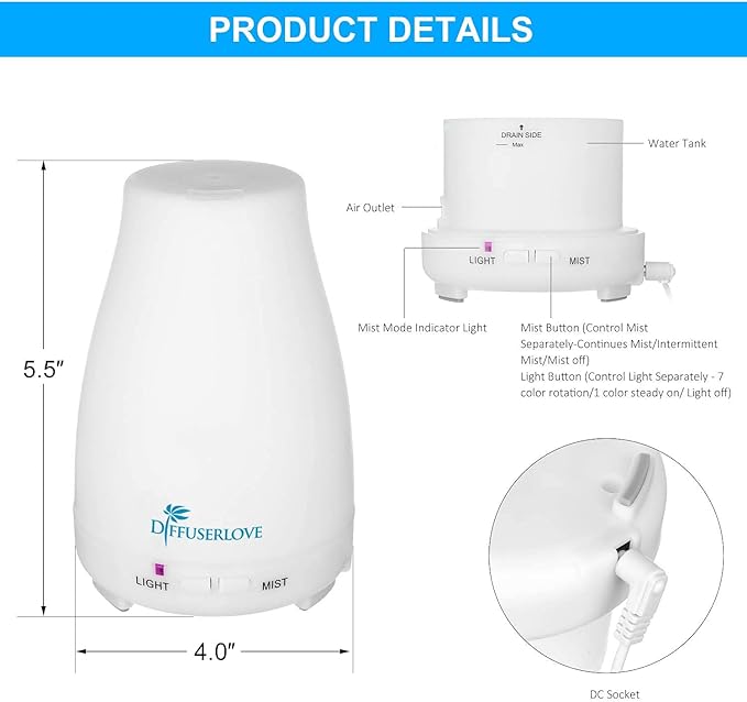 Diffuserlove 2 Pack 200ml Essential Oil Diffuser Ultrasonic Aromatherapy Diffuser Cool Mist Humidifiers with 7 Color LED Lights & Waterless Auto Shut-Off for Home Office Kitchen Bedroom