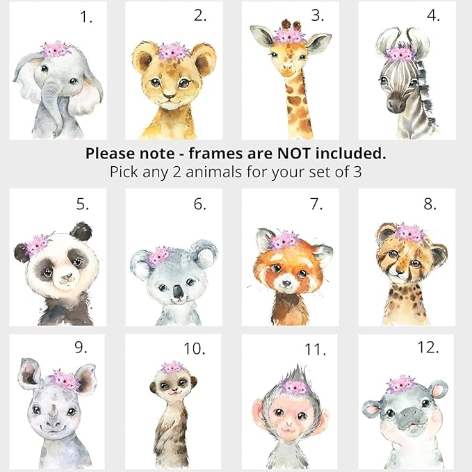 Personalized Safari Animals for Baby Girls Nursery, Set of 3 Unframed Poster Prints, Personalized Name Pink Lilac Floral, Girls Bedroom Decor, Elephant Giraffe (8x10)