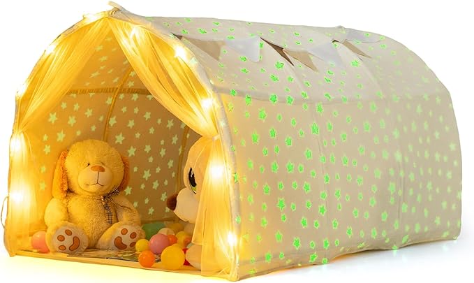 INFANS Kids Bed Tent with Glow in The Dark, Portable Children Playhouse Privacy Space Twin with Mat Star Light Double Net Curtain, Indoor Outdoor Princess Tents Castle for Boys Girls