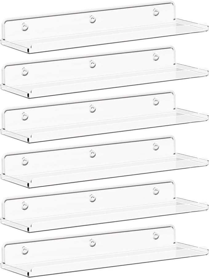 Lifewit Floating Shelves for Wall, 6 Pack 15" Clear Acrylic Shelf Room Decor for Book/Figures/Photo/Makeup in Bathroom, Book Shelf, Living Room, Bedroom, Kitchen Storage and Organization