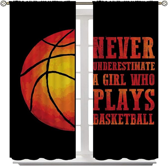 Red Basketball Blackout Curtains for Boy Girl Room Darkening Decor,Sport Theme and Motto Dark Background Bedroom Living Room Home Rod Pocket Thermal Insulated Window Curtain/Drapes Panel,42x45 Inch…