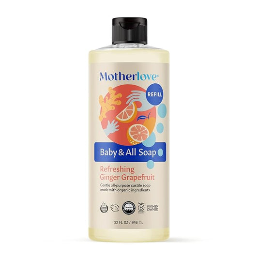 Motherlove Baby & All Soap (32 oz) Gentle Foaming All-Purpose Castile Soap Made with Organic Ingredients – Refreshing Ginger Grapefruit