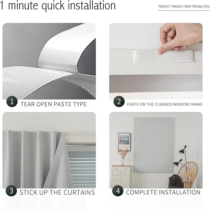 self Adhesive Curtains Portable Blackout Curtain Simple and Easy to Install Bedroom Window Thermal Lnsulated Kitchen Room Darkening Black Small Drapes, 35" W X 71" L, White, 1 Panel