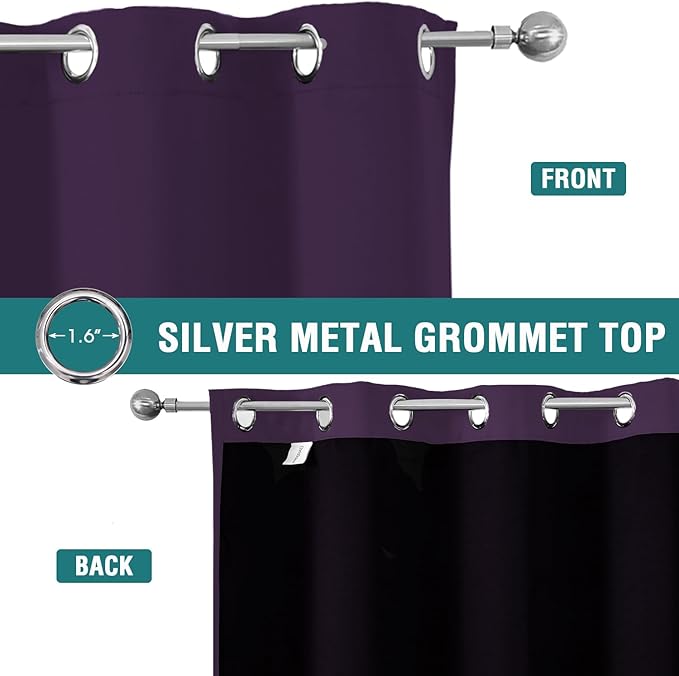 ChrisDowa 100% Blackout Curtains for Bedroom with Black Liner, 2 Thick Layers Total Blackout Thermal Insulated Grommet Window Curtains 2 Panels Set (Royal Purple, 52 x 54 Inch)