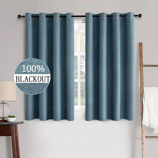 MIULEE Linen Texture Curtains for Bedroom Solid 100% Blackout Thermal Insulated Dusty Blue Curtains Grommet Room Darkening Drapes Luxury Decor for Living Room Nursery 52x54 Inch (2 Panels)