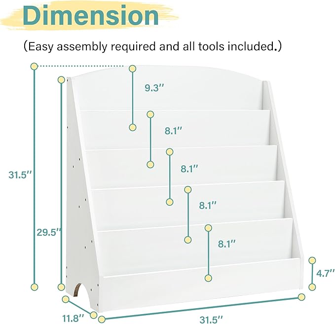 TOETOL 5-Tier Kids Bookshelf - Toddler Book Display Shelves for Classrooms, Playrooms, and Nursery - Wooden Children Book Rack (White)