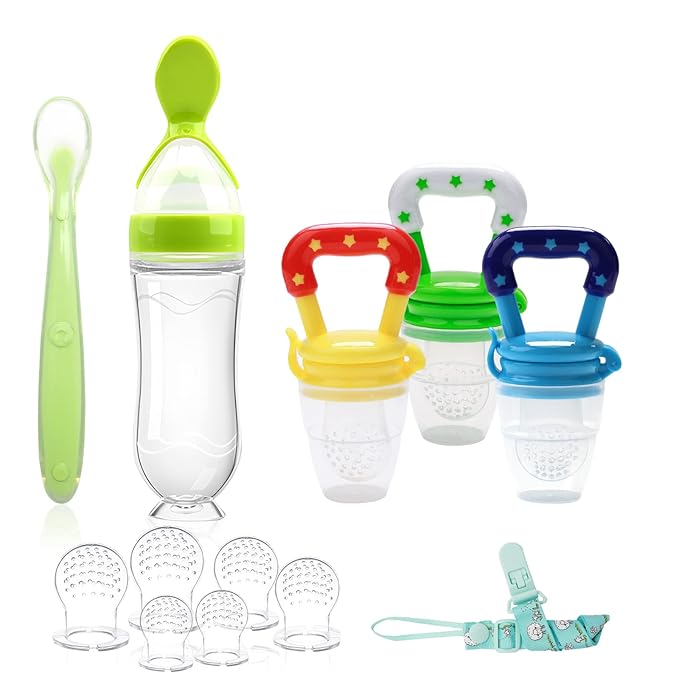 WAJIAYON Food Feeder for Baby, Fruit Feeder Pacifier (3 Pcs) with 6 Different Sized Silicone Pacifiers,Silicone Baby Food Dispensing Spoon 90ML with Babies Spoons,Pacifier Clip Babies Feeding Set