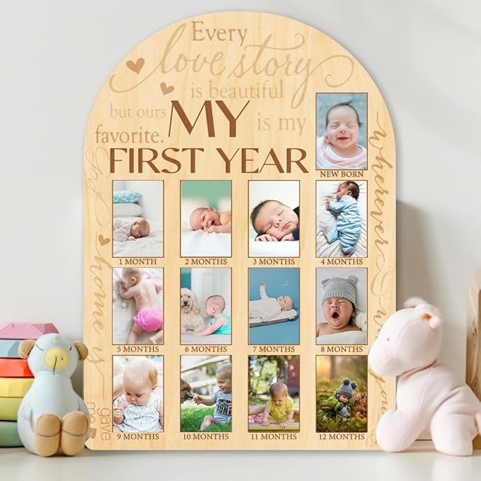 ORIGACH My First Year Baby Growth Photo Display Wood Board - 12 Months Newborn Milestones Photo Board - Neutral Baby Keepsake Board 1st Birthday Party Nursery Decor New Mom Gift - Sentiment Words