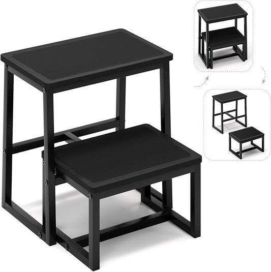 Step Stool for Kids Adults,Holds up to 500Lb,3 in1 Heavy Duty Sturdy Two Foot Stool for Kichen/Bathroom/High beds, Wooden&Metal Frame, Non-Slip Pads…