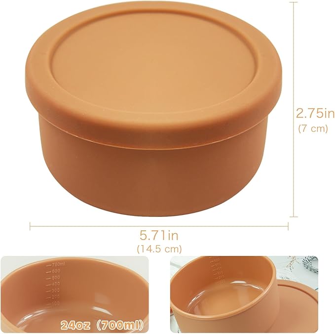 XU&PEIQI 24oz Covered Silicone Lunch Salad Bowl, Round Fruit & Snack Container, Perfect for Meal Prep & Leftovers, Soup & Stew Storage, Safe for Microwave, Fridge, Dishwasher, BPA-Free.(Brown)