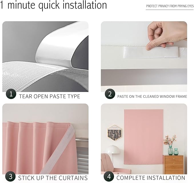 Self Adhesive Blackout Curtains- Stick on Curtains Shades Window Blinds Curtains No Rod Needed Easy to Hang Curtain, Use for Bedroom, Living Room,Roman Shades, 59" W X 59" L, Pink, 1 Panel
