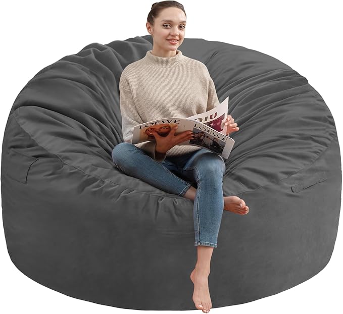 6FT Bean Bag Chair, Large Bean Bag Chairs with Memory Foam Filled, Fluffy Beanbag Sofa with Dutch Velvet Cover, Round BeanBag Chairs for Living Room, Playroom - Grey