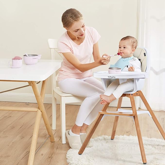 BABY JOY 3 in 1 High Chair, Baby Eat & Grow Convertible Wooden High Chair/Rocking Chair/Booster Seat/Toddler Chair, Infant Dining Chairs w/Double Removable Tray, 5-Point Seat Belt & PU Cushion, Beige