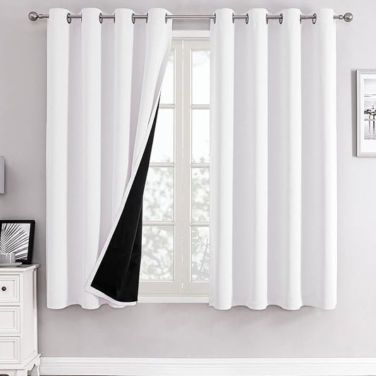 ChrisDowa White 100% Blackout Curtains for Bedroom with Black Liner, 2 Thick Layers Total Blackout Thermal Insulated Grommet Window Curtains 2 Panels Set (Pure White, 52 x 54 Inch)