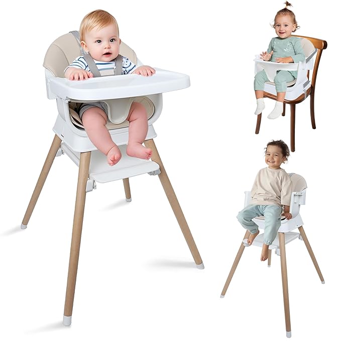 9 in 1 Convertible Baby High Chair with Booster, Wooden Highchair for Babies and Toddlers with Adjustable Tray & 5-Point Harness, Multi-Functional Growing Seat for Feeding, Learning & Play, Beige