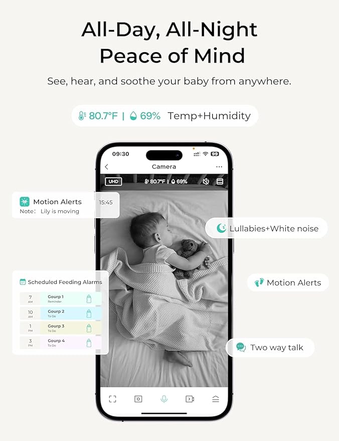 VistaView Lite Smart WiFi Baby Monitor with 2 Cameras- 4” 720P Split Screen & 1080P Camera App Control, Motion Alerts, Night Vision, 3000mAh Battery, 2-Way Talk, Triple Security, 1000ft Range