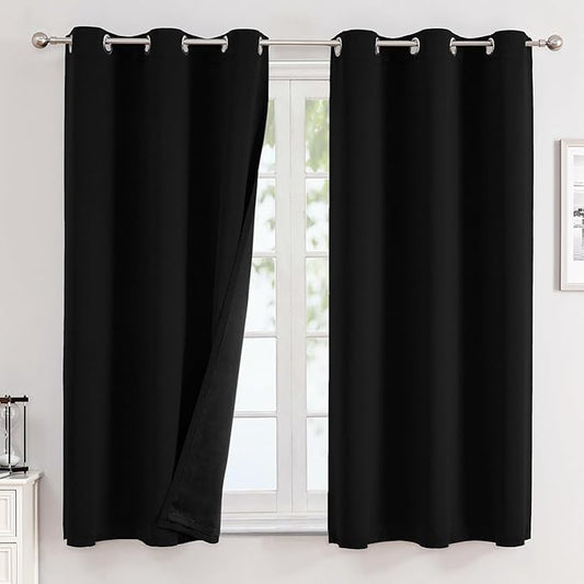 ChrisDowa 100% Blackout Curtains for Bedroom with Black Liner, 2 Thick Layers Total Blackout Thermal Insulated Grommet Small Window Curtains 2 Panels Set (Black, 42 x 45 Inch)