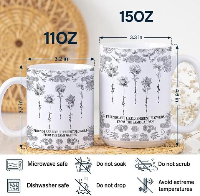 Personalized Mug - Toile De Jouy Birth Flower Grow An Old Friend - Trendy France-China Inspired Design - Christmas Birthday Gift for Girl Friends Besties BFF Best Friend Wildflower Floral Frame