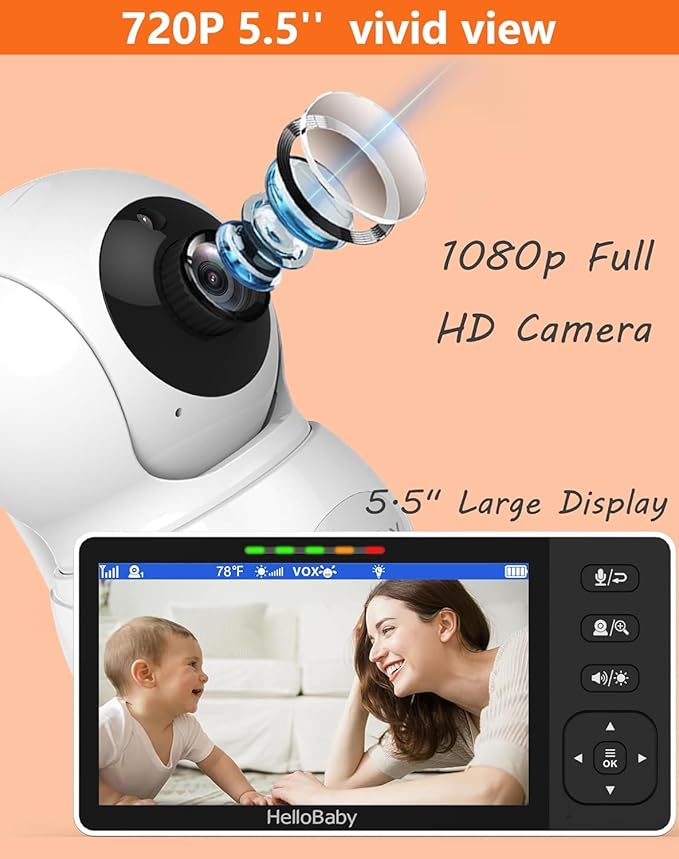 HelloBaby 720P 5.5'' HD Baby Monitor with Camera and Audio No WiFi, Video Baby Monitor, Remote Pan Tilt Zoom Wide View Range, 1080P Infant Camera, Night Light, Hack Proof, 4000mAh Battery, 1000ft