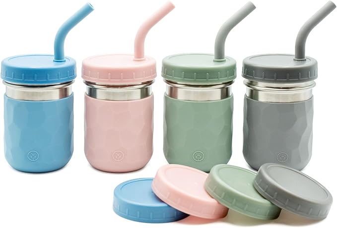 WeeSprout 2-in-1 Drinking Cups for Kids, Durable Stainless Steel Tumbler for Smoothies, Silicone Straws with Stoppers, Premium Plastic Twist Lids, Easy-Grip Sleeves, Set of 4 Dishwasher Safe Kid Cups