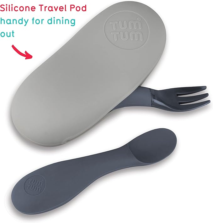 Baby Cutlery Set With Case, Spoon & Fork for Self Feeding, Silicone, 6 Months Plus (Grey)