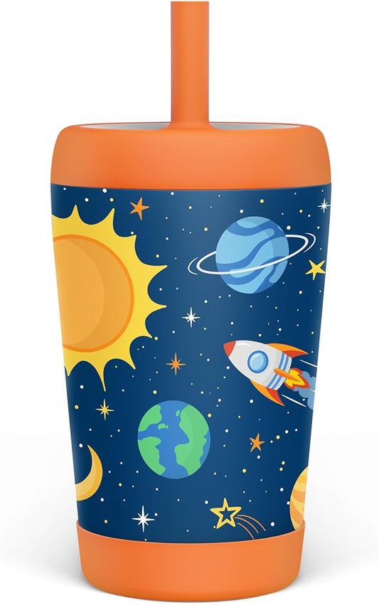 Kid Insulated Stainless Steel Tumbler with Silicone Straw, 12oz Sippy Cup for Kids (Outer Space)