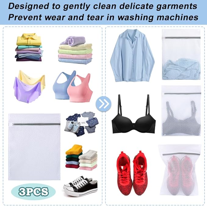 Vivifying Mesh Laundry Bags for Delicates, 3Pcs Honeycomb Mesh Wash Bags with Zipper for Washing Machine, Shoes, Lingerie, Socks and Stuffed Toys (Medium, 12.5 x 16Inches)