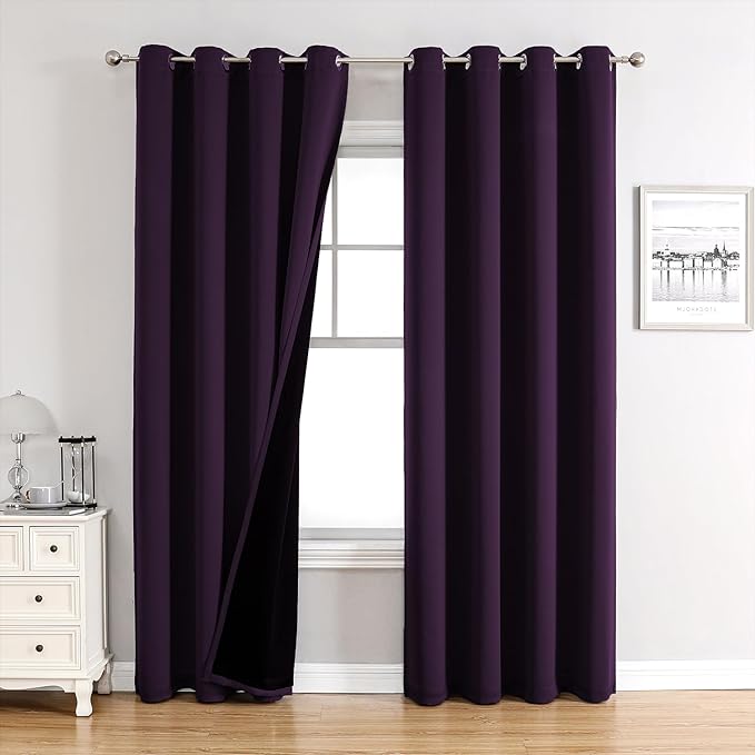 ChrisDowa 100% Blackout Curtains for Bedroom with Black Liner, 2 Thick Layers Total Blackout Thermal Insulated Grommet Long Window Curtains 2 Panels Set (Royal Purple, 52 x 95 Inch)