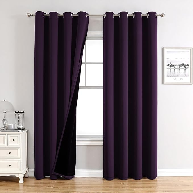 ChrisDowa 100% Blackout Curtains 108 inch Long for Bedroom with Black Liner, 2 Thick Layers Total Blackout Thermal Insulated Grommet Window Curtains 2 Panels Set (Royal Purple, 52 x 108 Inch)