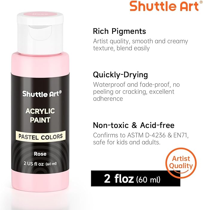 Shuttle Art 40 Pack Pastel Acrylic Paint Set, 30 Colors, 60ml/2oz Bottles, High Viscosity, Water-proof With 10 Paint Brushes for Painting &Crafting on Canvas, Rock, Ceramic, Fabric, Clay
