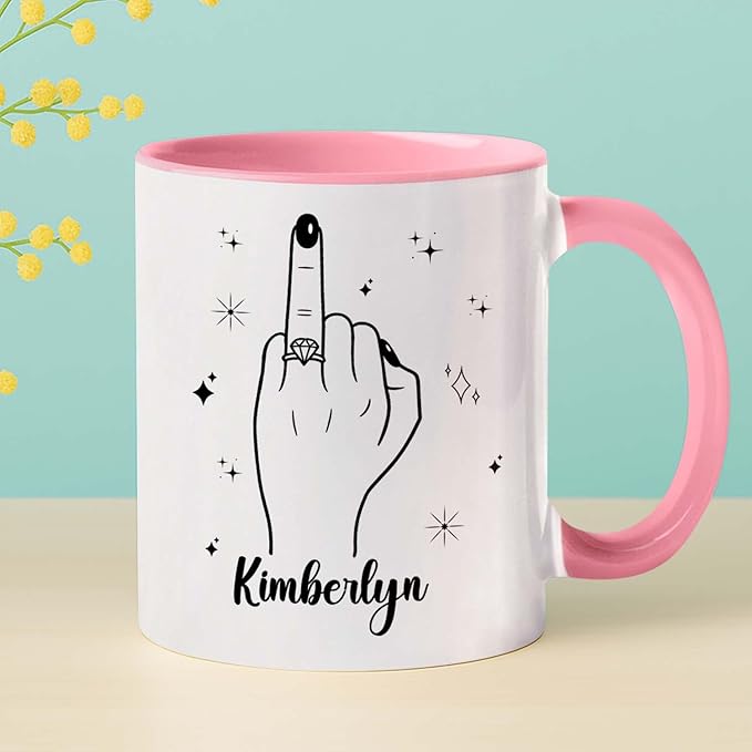 Personalized Ring Finger Coffee Mug With Name, Custom White Cup Gift For Wedding Engagement Bridal Shower Bachelorette, Ring Accent Coffee Cup For Her Girlfriend Bride Wife, Just Married Mug 11 15Oz
