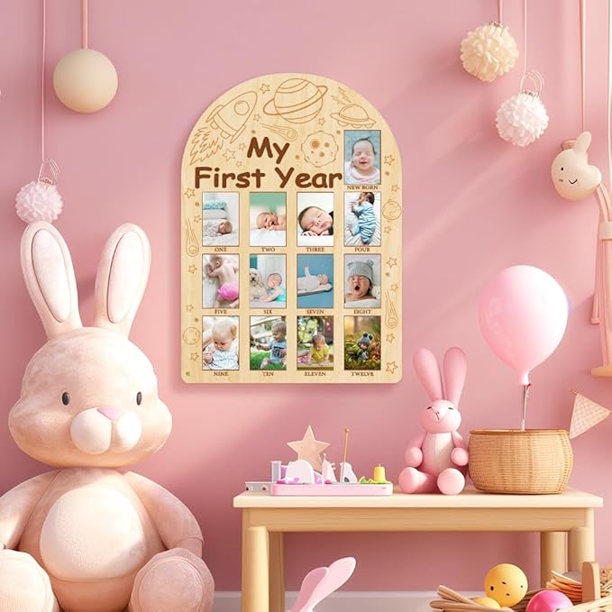 ORIGACH My First Year Baby Growth Photo Display Wood Board - 12 Months Newborn Milestones Photo Board - Neutral Baby Keepsake Board 1st Birthday Party Nursery Decor New Mom Gift - Space