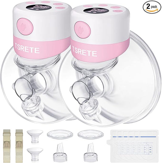 TSRETE Breast Pump, Double Wearable Breast Pump, Electric Hands-Free Breast Pumps with 2 Modes, 9 Levels, LCD Display, Memory Function Rechargeable Double Milk Extractor-21/24mm Flange, Pink