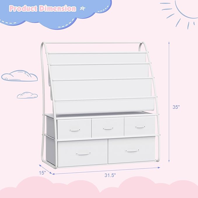 NACHES 3-Tier Kids Bookshelf with 5 Fabric Drawers, Metal Toy Storage Organizer for Kids Room, Living Room & Study Room, White (White)