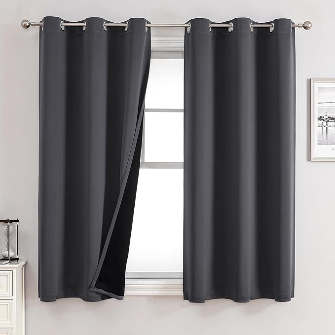 ChrisDowa 100% Blackout Curtains for Bedroom with Black Liner, 2 Thick Layers Total Blackout Thermal Insulated Grommet Window Curtains 63 Inch Length 2 Panels Set (Dark Grey, 42 x 63 Inch)