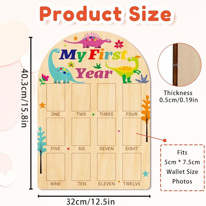 ORIGACH My First Year Baby Growth Photo Display Wood Board - 12 Months Newborn Milestones Photo Board - Neutral Baby Keepsake Board 1st Birthday Party Nursery Decor New Mom Gift - Dinosaur