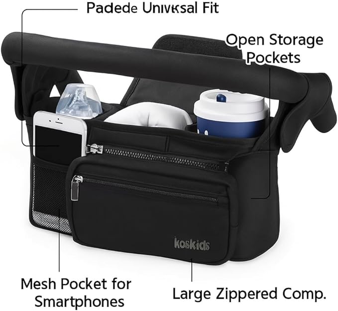 Universal Stroller Organizer with Insulated Cup Holder, Detachable Phone Bag, Shoulder Strap – Fits All Stroller Types, Keeps Drinks Hot/Cold (Black)