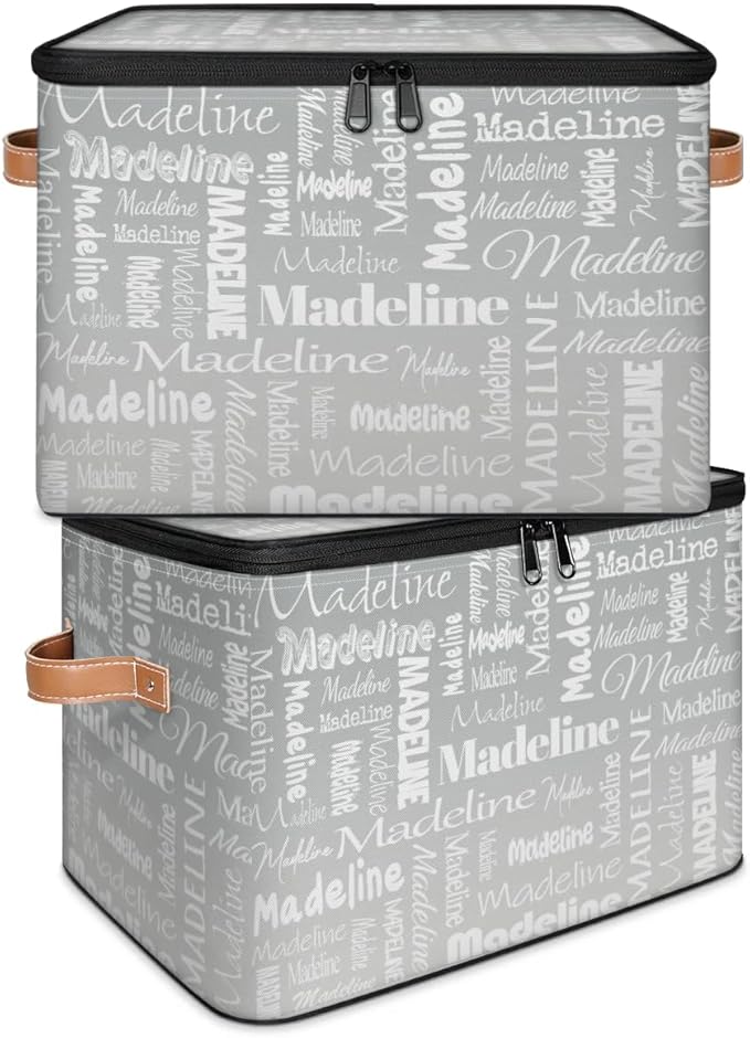 Custom Storage Basket with Name, Personalized Storage Bins with Zipper Lid, Foldable Fabric Storage Box Large capacity with Handle Grey