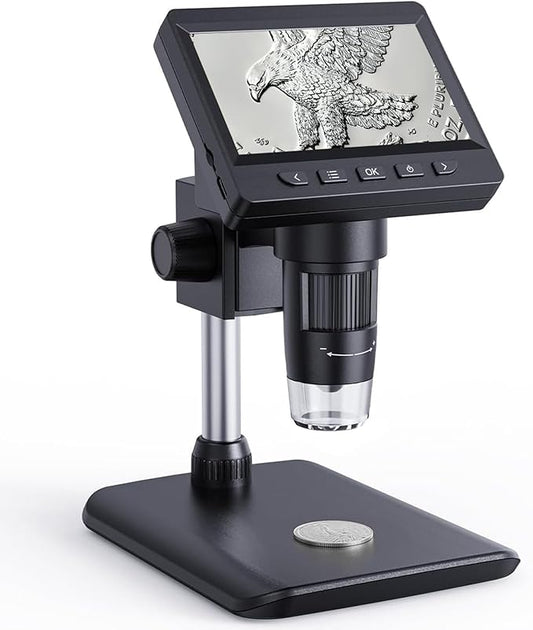 Digital Microscope, Coin Microscope with Light Adjustable Brightness 4.3" HD LCD Screen, 1000X Zoom PC View, Compatible with MacOS & Windows - Black