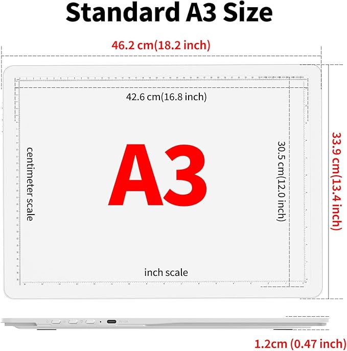 TOHETO Rechargeable A3 Light Board with Stand, Super Bright Magnetic Light Pad with Side Buttons, Wireless Light Box for Tracing and Drawing, Cordless LED Light Table for Diamond Painting, Sketching