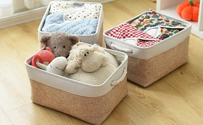 Fabric Storage Baskets - Rectangular Baskets for Organizing Fabric, Shelves & Decorative Use (White & Khaki)