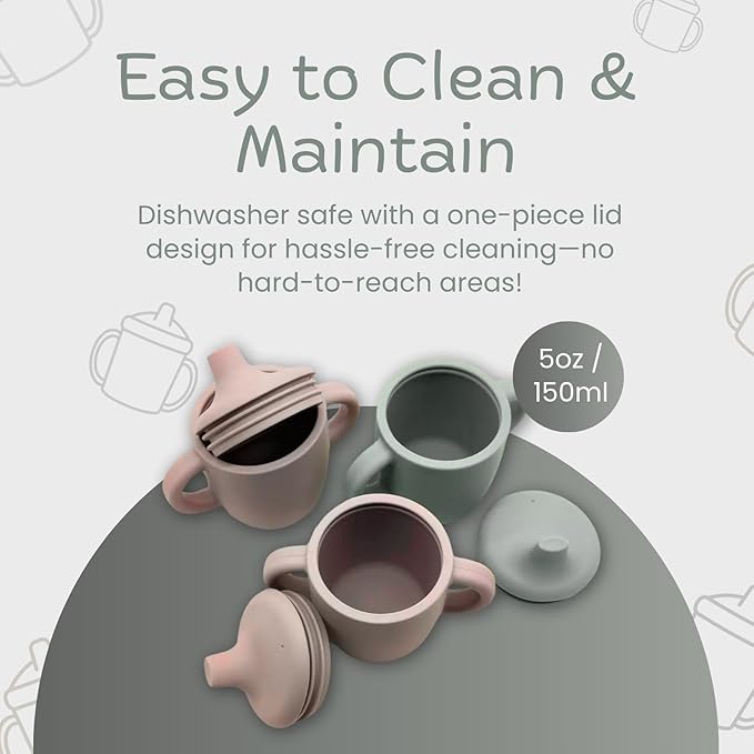 Silicone Sippy Cups with Easy Grip Tranition Handles and a Soft Spout. A Non Toxic No Spill Unbreakable Training Cup. 150ml/5oz |2-PACK Pink and Grey Mist|